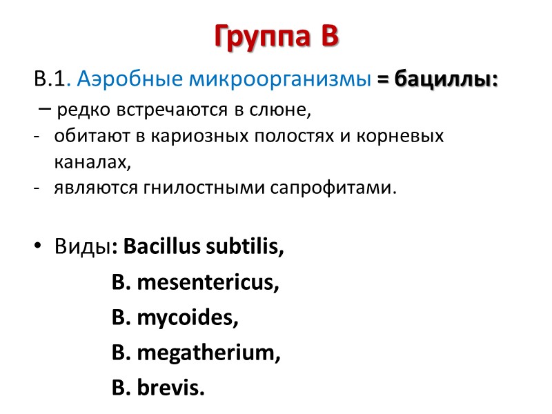 Группа В  В.1. Аэробные микроорганизмы = бациллы:  – редко встречаются в слюне,